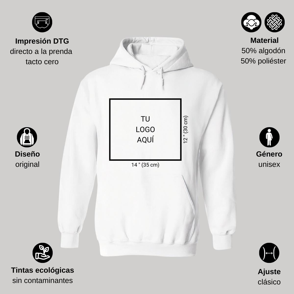 Sudadera c/Capucha Unisex Blanco Logo Personalizable