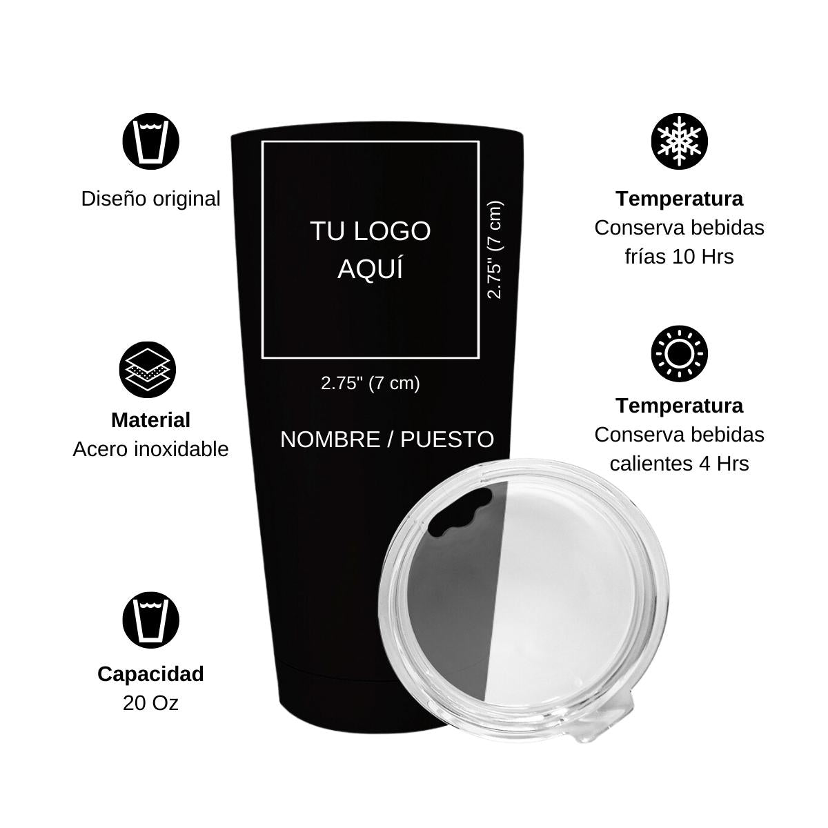 Termo Vaso Térmico 20 Oz Negro Logo Personalizable
