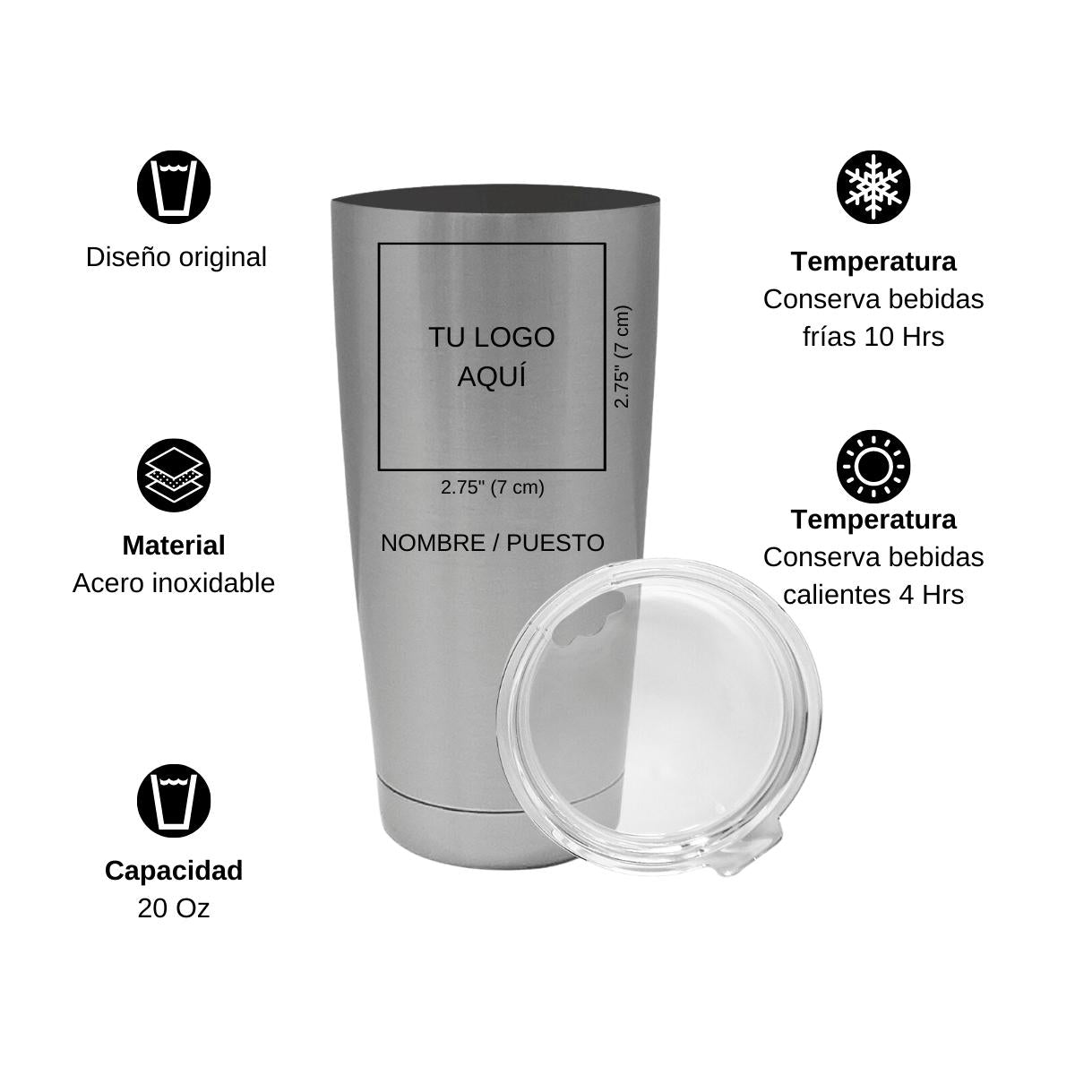 Termo Vaso Térmico 20 Oz Plata Personalizable Logo
