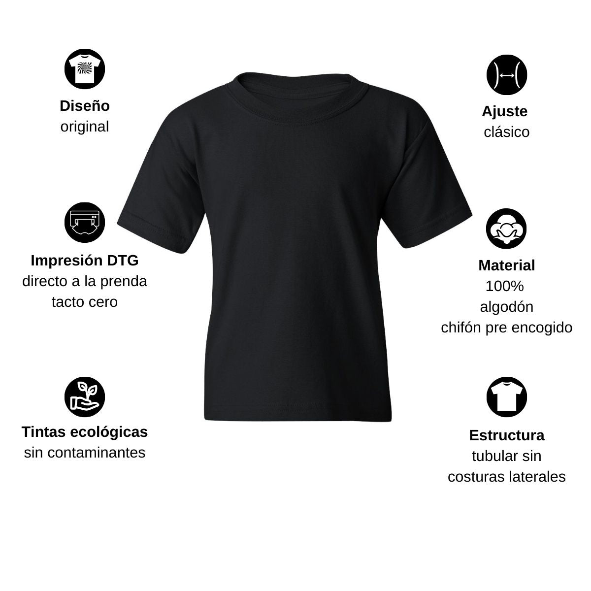 Playera Negra Cuello Redondo Manga Corta Para Niño y Niña