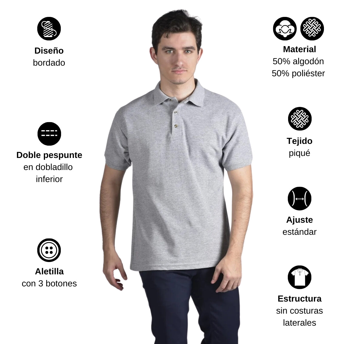 Playera Tipo Polo Piqué Hombre Manga Corta Gris Optima