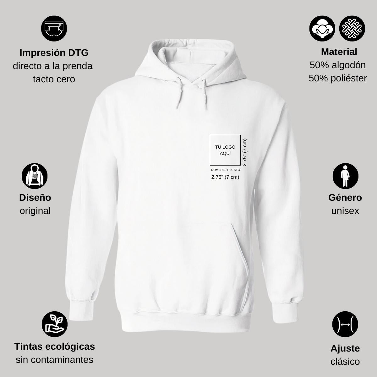 Sudadera c/Capucha Unisex Blanco Personalizable Escudo