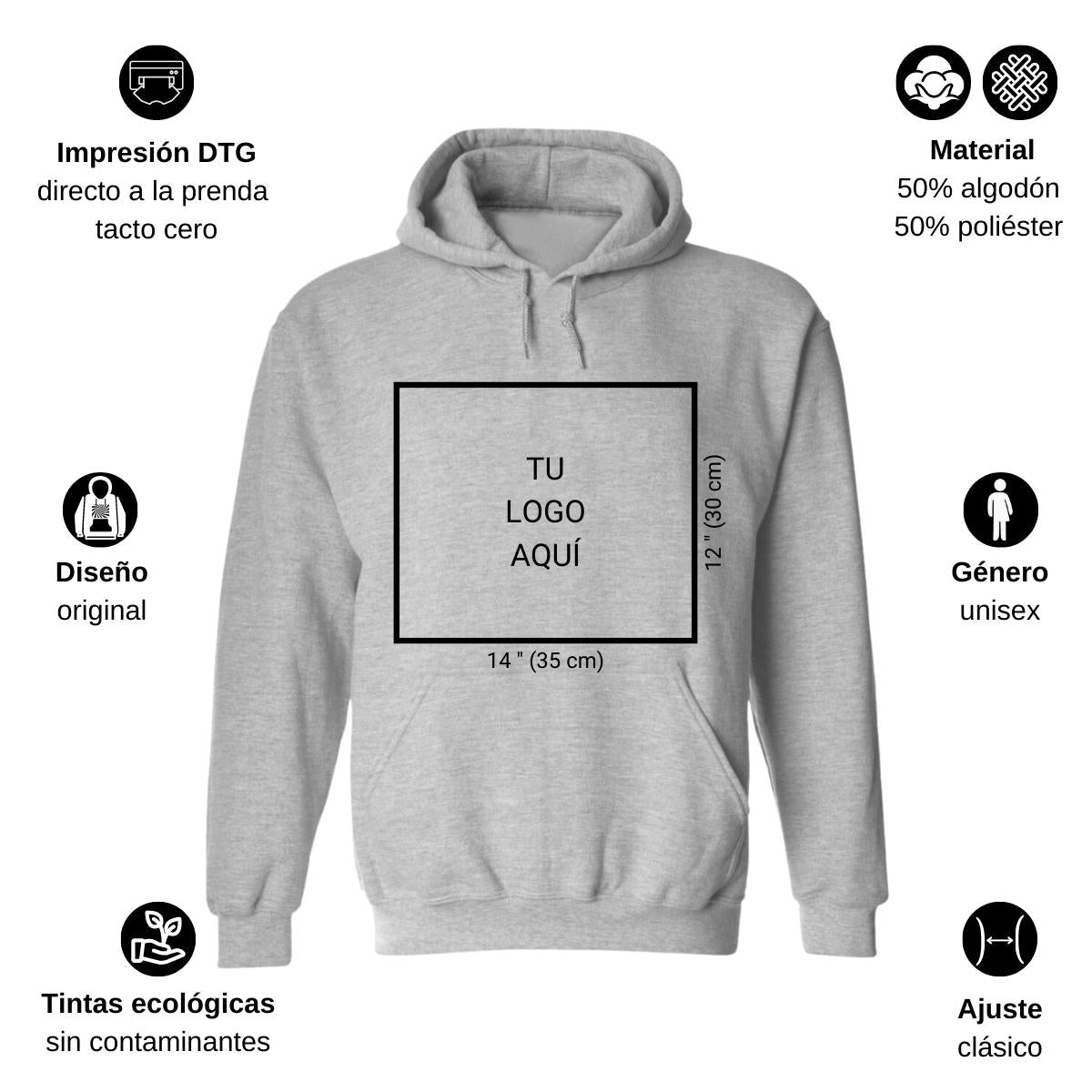 Sudadera c/Capucha Unisex Gris Logo Personalizable